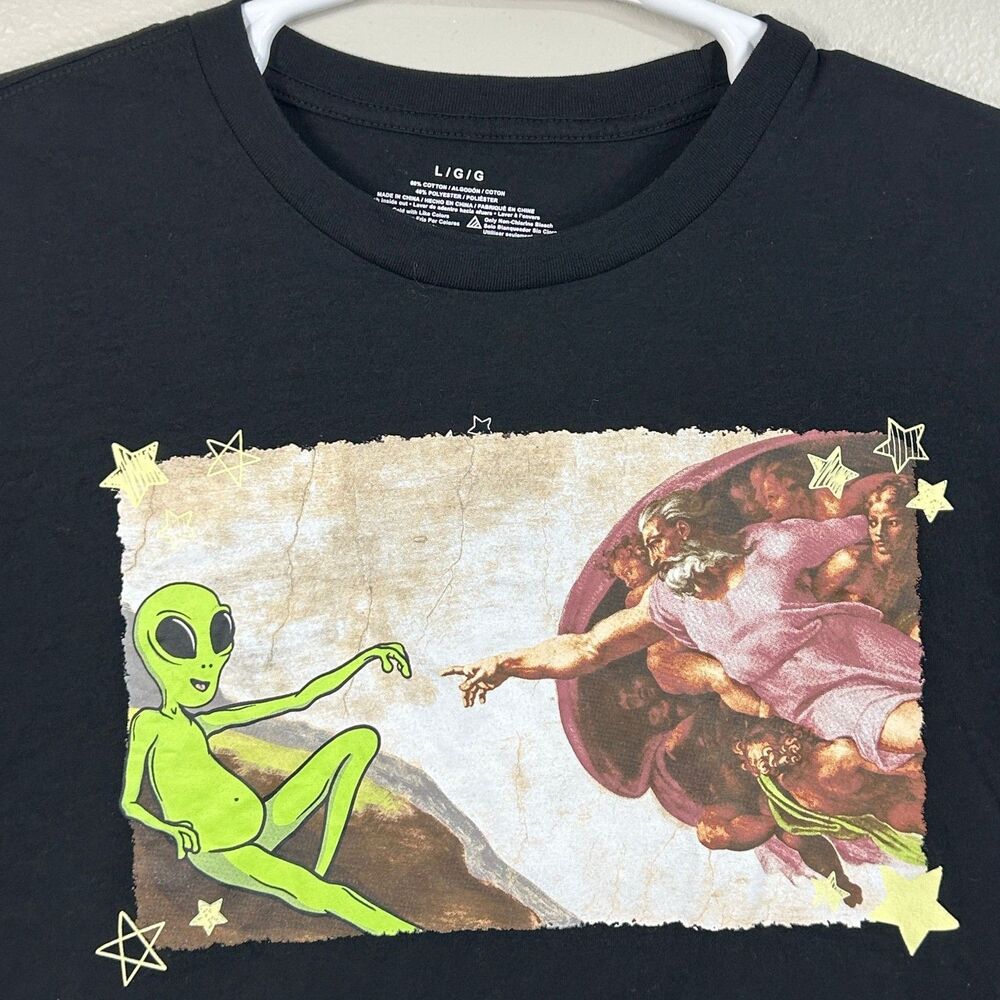 Mad Engine T-Shirt Mens L Alien Creation Graphic Short Sleeve Black Parody Art